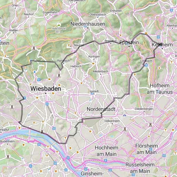 Map miniature of "Kelkheim Road Adventure" cycling inspiration in Darmstadt, Germany. Generated by Tarmacs.app cycling route planner