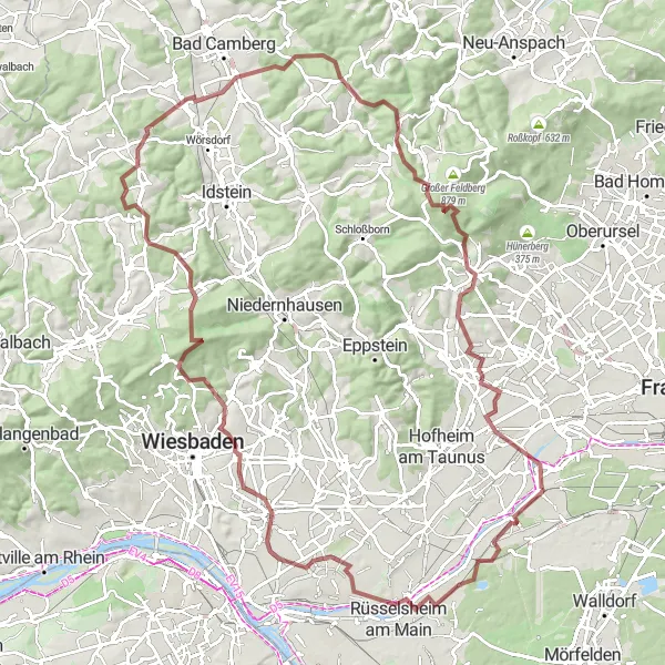 Map miniature of "Taunus Ridge Adventure" cycling inspiration in Darmstadt, Germany. Generated by Tarmacs.app cycling route planner