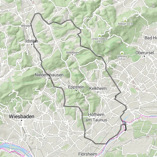 Map miniature of "Idyllic Taunus Loop" cycling inspiration in Darmstadt, Germany. Generated by Tarmacs.app cycling route planner