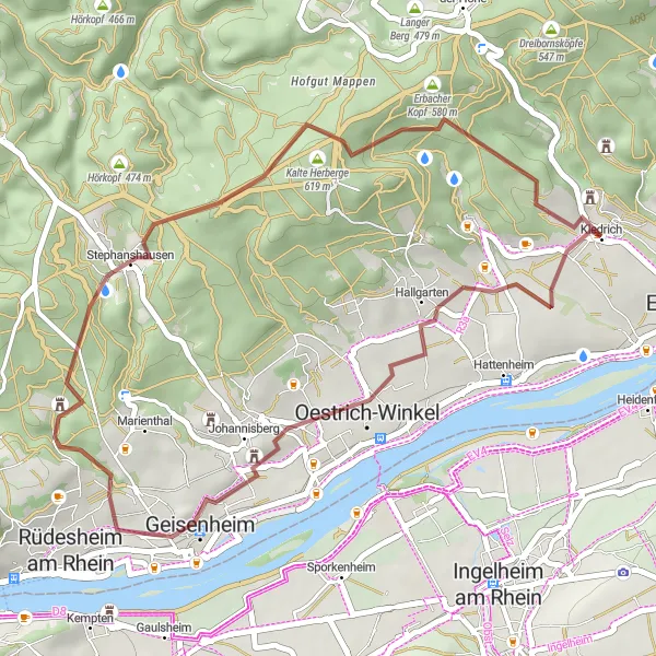 Map miniature of "Geisenheim Loop Gravel Route" cycling inspiration in Darmstadt, Germany. Generated by Tarmacs.app cycling route planner