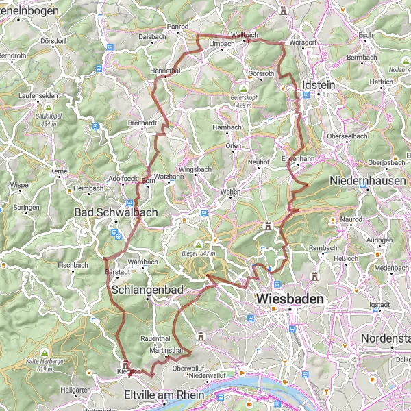 Map miniature of "Rheingau Adventure Gravel Ride" cycling inspiration in Darmstadt, Germany. Generated by Tarmacs.app cycling route planner