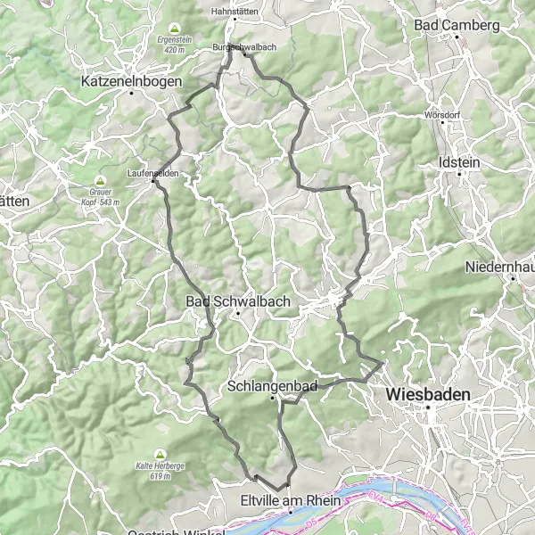 Karten-Miniaturansicht der Radinspiration "Rennradtour durch die Taunusberge" in Darmstadt, Germany. Erstellt vom Tarmacs.app-Routenplaner für Radtouren