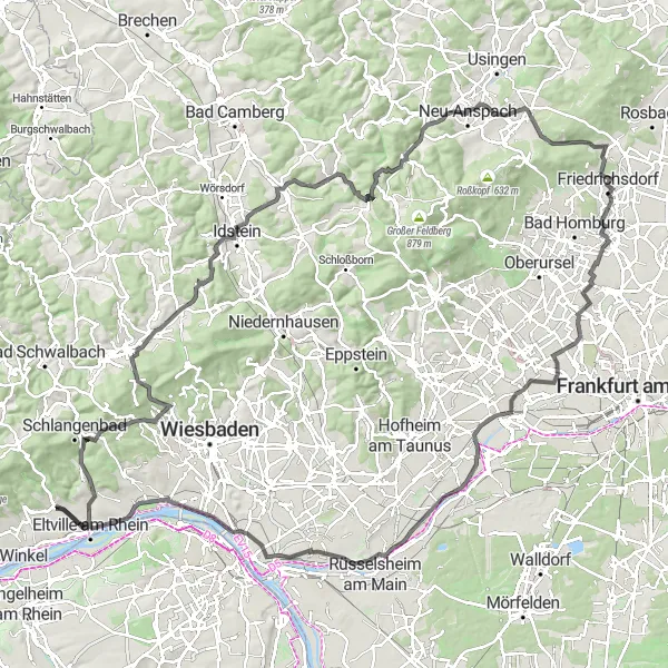 Karten-Miniaturansicht der Radinspiration "Radtour durch den Hochtaunus" in Darmstadt, Germany. Erstellt vom Tarmacs.app-Routenplaner für Radtouren