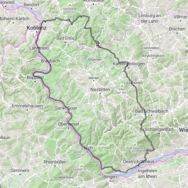 Map miniature of "The Rheingau Odyssey" cycling inspiration in Darmstadt, Germany. Generated by Tarmacs.app cycling route planner