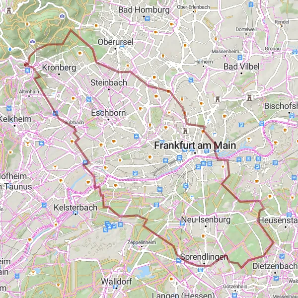 Map miniature of "Taunus Gravel Adventure" cycling inspiration in Darmstadt, Germany. Generated by Tarmacs.app cycling route planner