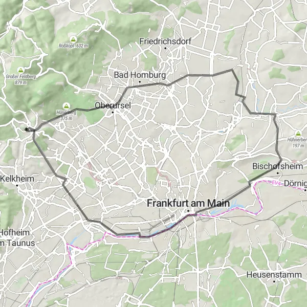 Map miniature of "Historic Tour around Taunus" cycling inspiration in Darmstadt, Germany. Generated by Tarmacs.app cycling route planner