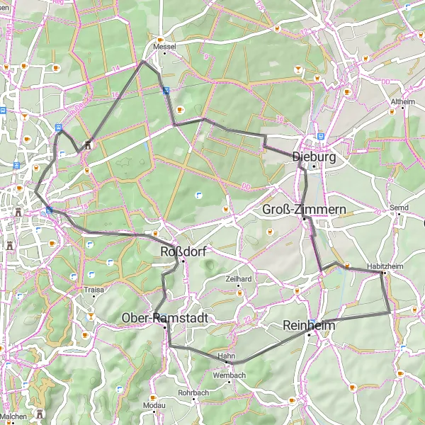 Map miniature of "Mesmerizing Scenery Road Route" cycling inspiration in Darmstadt, Germany. Generated by Tarmacs.app cycling route planner