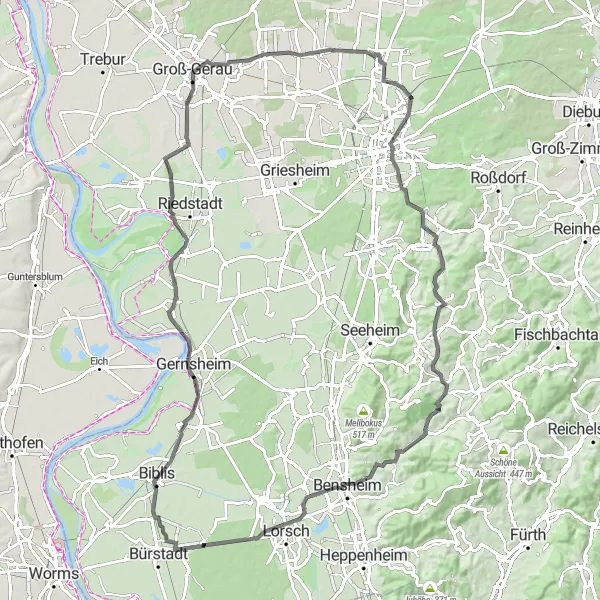 Map miniature of "Hilltops and Historic Sites Road Route" cycling inspiration in Darmstadt, Germany. Generated by Tarmacs.app cycling route planner