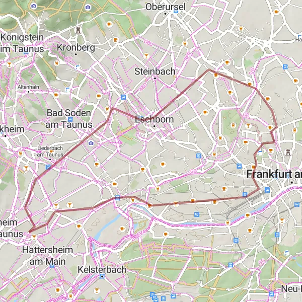 Map miniature of "Kriftel to Zeilsheim Gravel Route" cycling inspiration in Darmstadt, Germany. Generated by Tarmacs.app cycling route planner