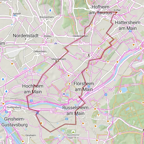 Map miniature of "The Kriftel Adventure" cycling inspiration in Darmstadt, Germany. Generated by Tarmacs.app cycling route planner