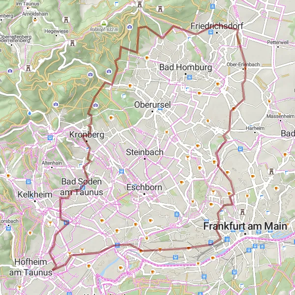 Map miniature of "Hidden Treasures of Taunus" cycling inspiration in Darmstadt, Germany. Generated by Tarmacs.app cycling route planner