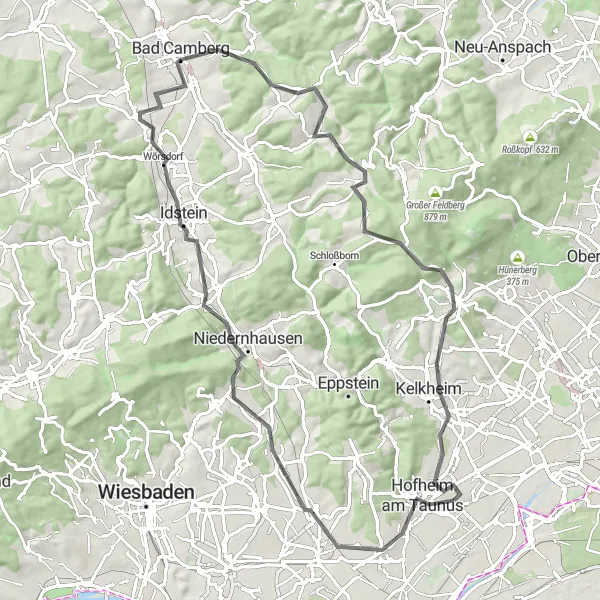 Map miniature of "Kriftel Road Challenge" cycling inspiration in Darmstadt, Germany. Generated by Tarmacs.app cycling route planner
