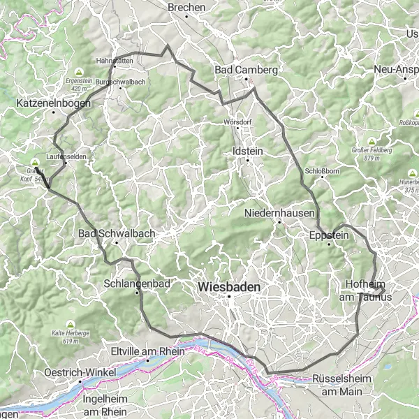 Map miniature of "The Majestic Taunus Loop" cycling inspiration in Darmstadt, Germany. Generated by Tarmacs.app cycling route planner