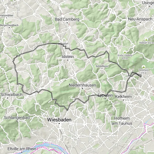 Map miniature of "The Ultimate Taunus Adventure" cycling inspiration in Darmstadt, Germany. Generated by Tarmacs.app cycling route planner