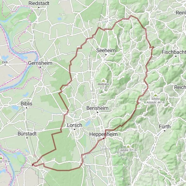 Karten-Miniaturansicht der Radinspiration "Berg- und Talfahrt im Odenwald" in Darmstadt, Germany. Erstellt vom Tarmacs.app-Routenplaner für Radtouren