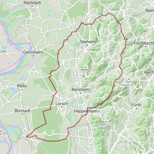 Map miniature of "Gravel Explorer" cycling inspiration in Darmstadt, Germany. Generated by Tarmacs.app cycling route planner