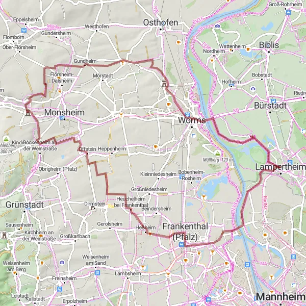 Map miniature of "The Gravel Adventure" cycling inspiration in Darmstadt, Germany. Generated by Tarmacs.app cycling route planner