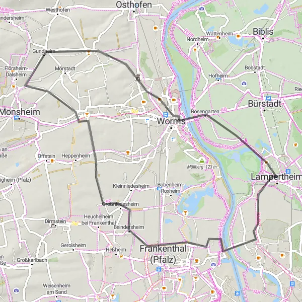 Karten-Miniaturansicht der Radinspiration "Road Tour durch Worms" in Darmstadt, Germany. Erstellt vom Tarmacs.app-Routenplaner für Radtouren