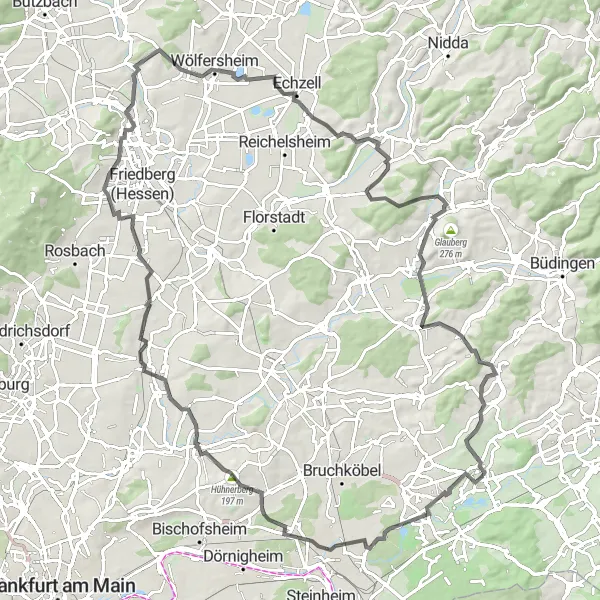 Karten-Miniaturansicht der Radinspiration "Wölfersheim und die Sternwarte Wetterau" in Darmstadt, Germany. Erstellt vom Tarmacs.app-Routenplaner für Radtouren