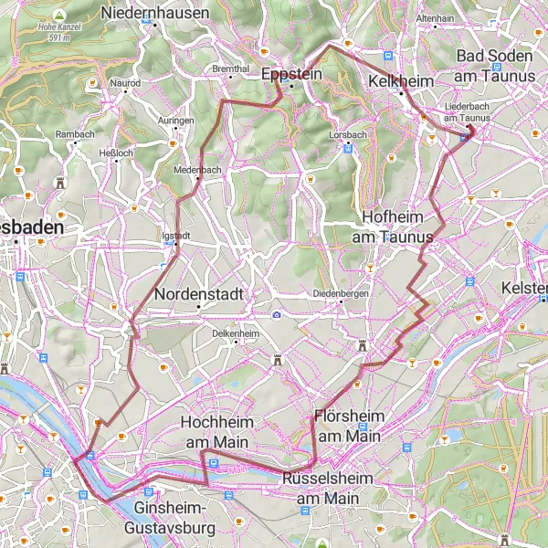 Map miniature of "Liederbach Loop" cycling inspiration in Darmstadt, Germany. Generated by Tarmacs.app cycling route planner