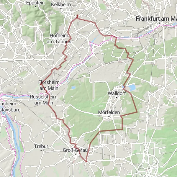 Map miniature of "Ride through the Taunus" cycling inspiration in Darmstadt, Germany. Generated by Tarmacs.app cycling route planner