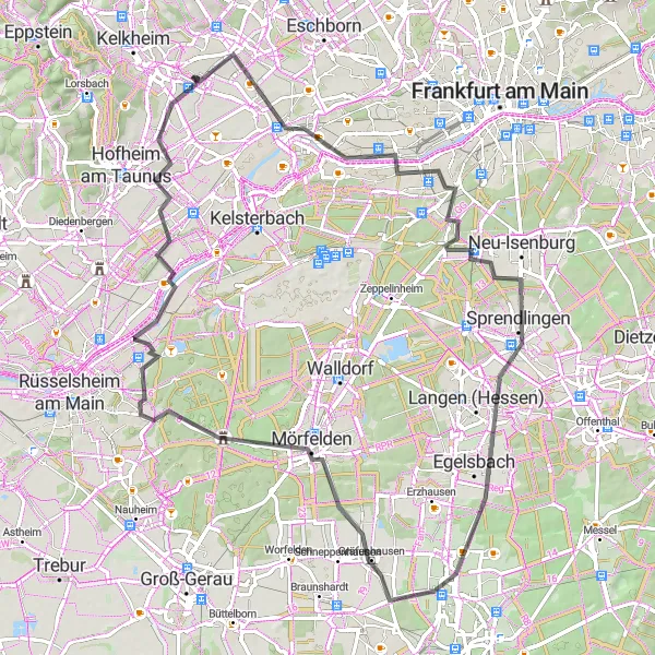 Map miniature of "Liederbach Circuit" cycling inspiration in Darmstadt, Germany. Generated by Tarmacs.app cycling route planner