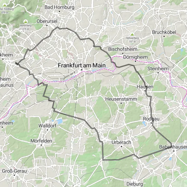 Map miniature of "Taunus Treasures" cycling inspiration in Darmstadt, Germany. Generated by Tarmacs.app cycling route planner