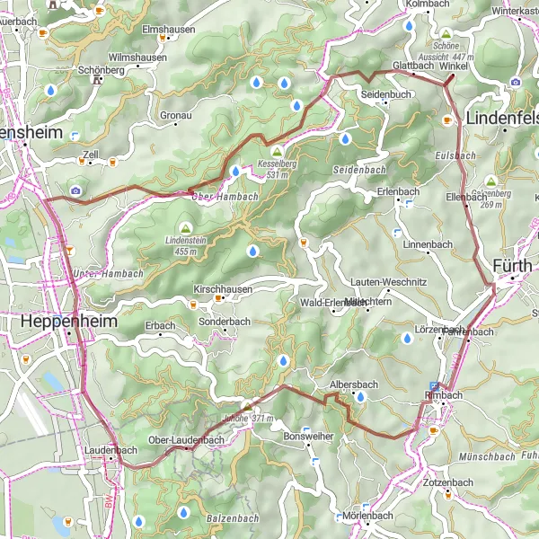 Karten-Miniaturansicht der Radinspiration "Abenteuerliche Schotterpiste im Odenwald" in Darmstadt, Germany. Erstellt vom Tarmacs.app-Routenplaner für Radtouren