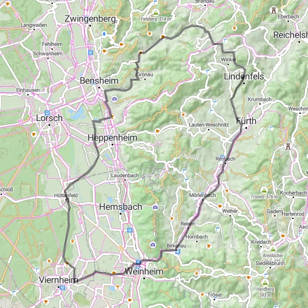 Karten-Miniaturansicht der Radinspiration "Rundfahrt ab Lindenfels" in Darmstadt, Germany. Erstellt vom Tarmacs.app-Routenplaner für Radtouren