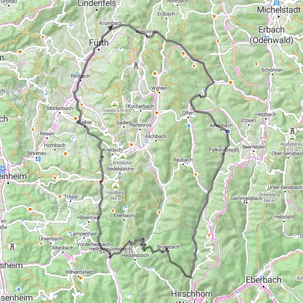 Karten-Miniaturansicht der Radinspiration "Bergiges Road-Abenteuer nach Fürth" in Darmstadt, Germany. Erstellt vom Tarmacs.app-Routenplaner für Radtouren