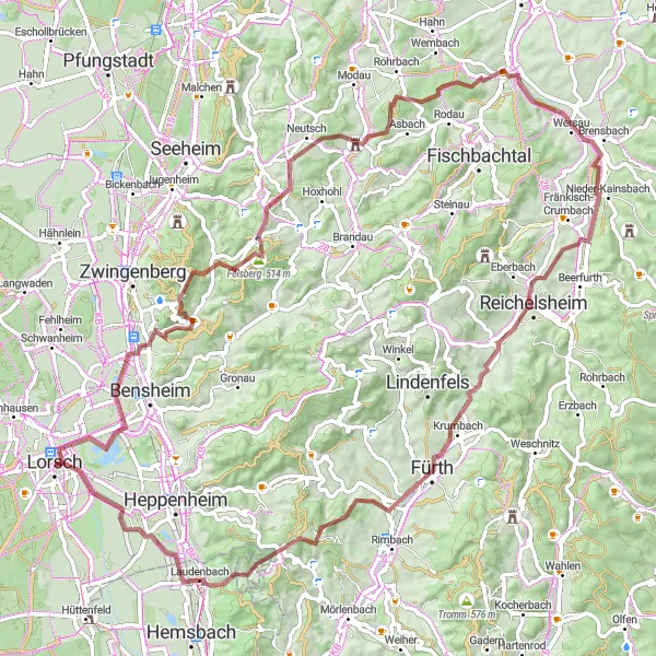 Map miniature of "Lorsch Gravel Adventure" cycling inspiration in Darmstadt, Germany. Generated by Tarmacs.app cycling route planner