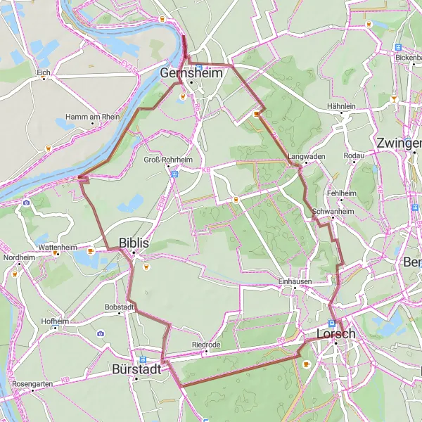 Map miniature of "Biblis Gravel Loop" cycling inspiration in Darmstadt, Germany. Generated by Tarmacs.app cycling route planner