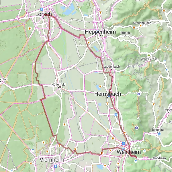 Map miniature of "Hans-Ludwig-Turm and Weinheim Gravel Ride" cycling inspiration in Darmstadt, Germany. Generated by Tarmacs.app cycling route planner
