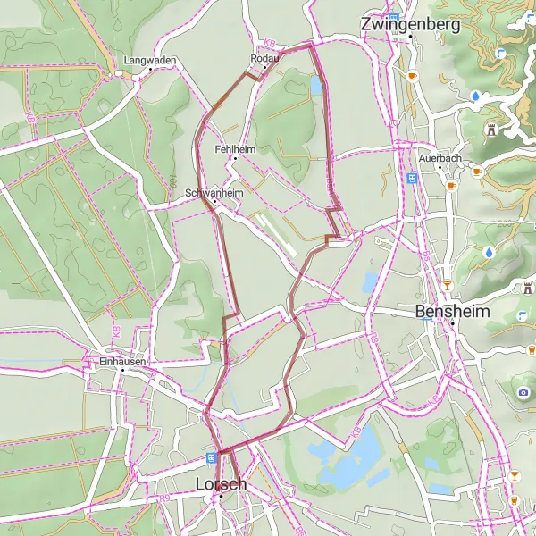 Map miniature of "Lorsch Abbey and Weschnitz Renaturation Gravel Loop" cycling inspiration in Darmstadt, Germany. Generated by Tarmacs.app cycling route planner
