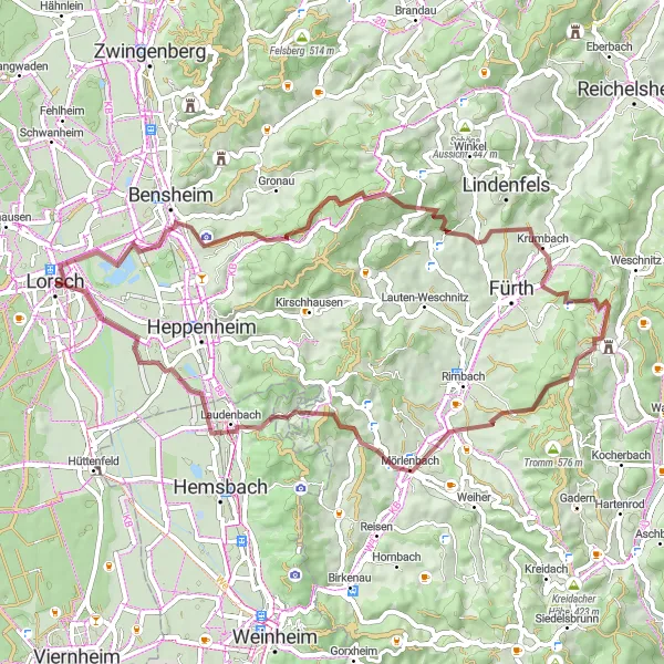 Map miniature of "Bensheim and Hammelbach Gravel Tour" cycling inspiration in Darmstadt, Germany. Generated by Tarmacs.app cycling route planner