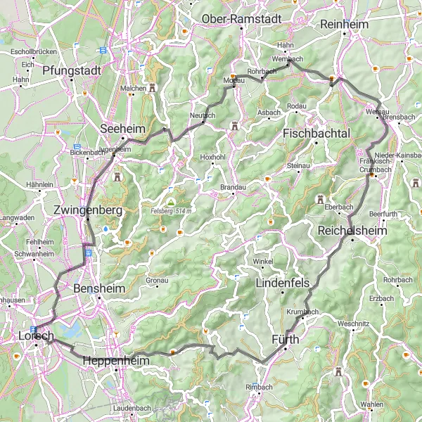 Map miniature of "Lorsch Road Adventure" cycling inspiration in Darmstadt, Germany. Generated by Tarmacs.app cycling route planner