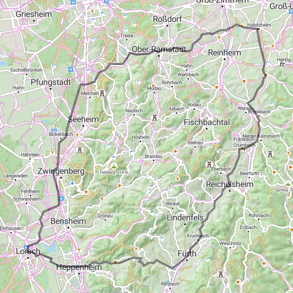 Karten-Miniaturansicht der Radinspiration "Bickenbach Road Route" in Darmstadt, Germany. Erstellt vom Tarmacs.app-Routenplaner für Radtouren