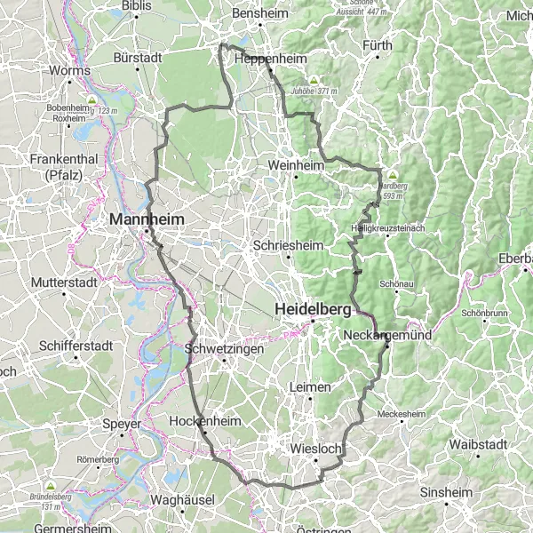 Map miniature of "Heppenheim and Neckargemünd Road Adventure" cycling inspiration in Darmstadt, Germany. Generated by Tarmacs.app cycling route planner