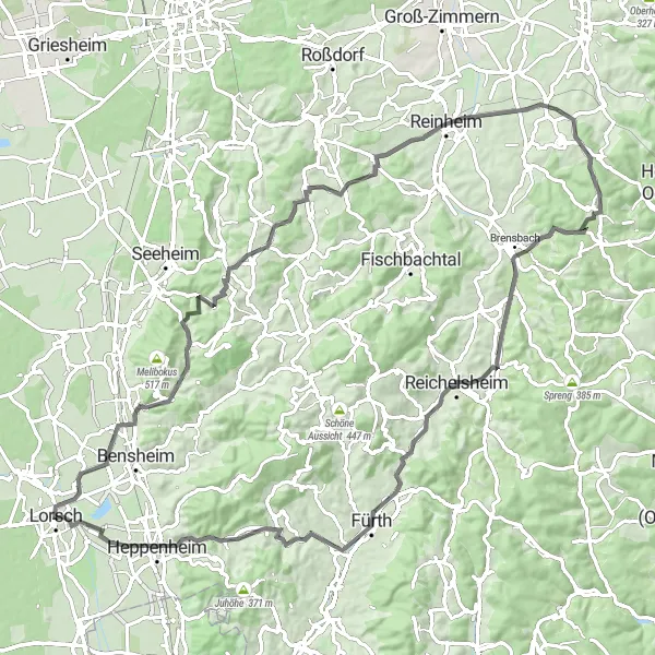 Map miniature of "Hessen Road Challenge" cycling inspiration in Darmstadt, Germany. Generated by Tarmacs.app cycling route planner