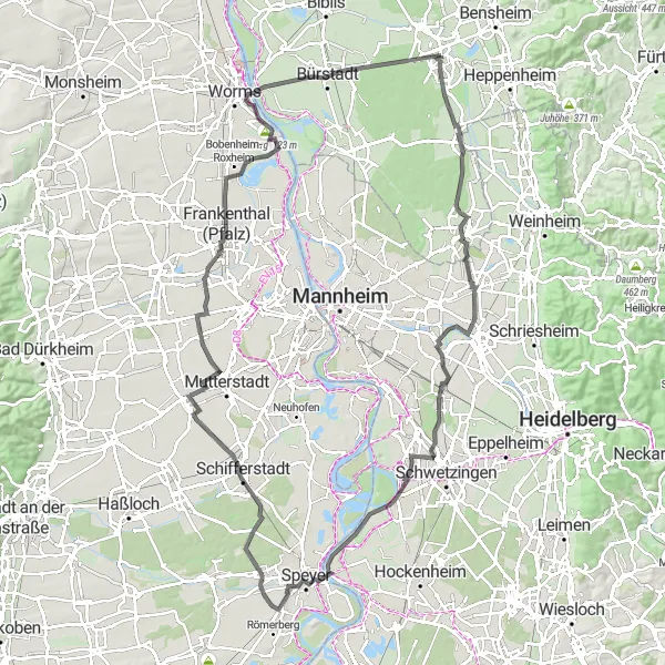 Karten-Miniaturansicht der Radinspiration "Radtour entlang historischer Stätten von Lorsch nach Speyer" in Darmstadt, Germany. Erstellt vom Tarmacs.app-Routenplaner für Radtouren