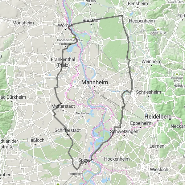 Map miniature of "Lorsch Abbey and Speyer Road Ride" cycling inspiration in Darmstadt, Germany. Generated by Tarmacs.app cycling route planner