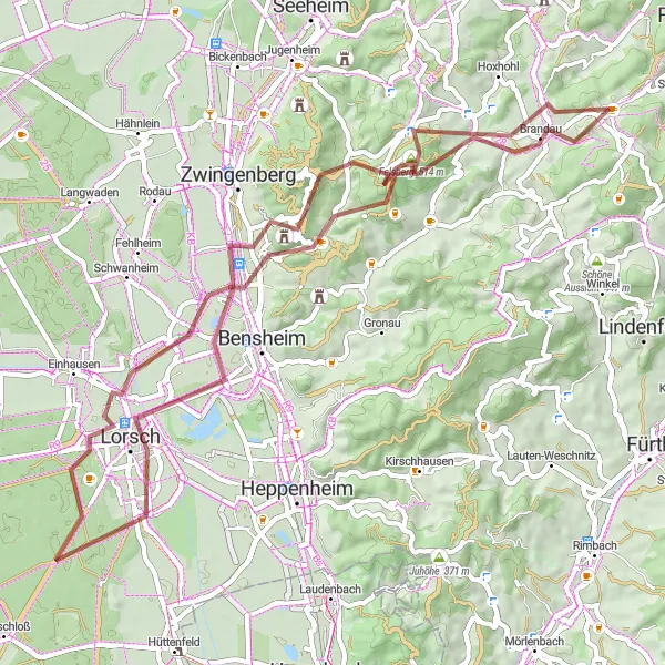 Map miniature of "Challenging Gravel Route with Major Landmarks" cycling inspiration in Darmstadt, Germany. Generated by Tarmacs.app cycling route planner