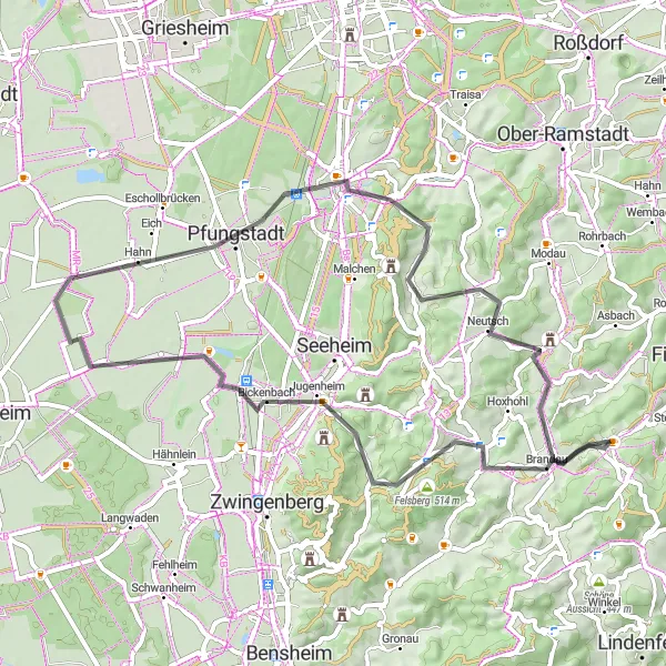 Map miniature of "Lützelbach Road Cycling Route" cycling inspiration in Darmstadt, Germany. Generated by Tarmacs.app cycling route planner