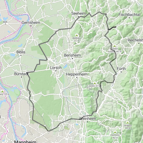 Map miniature of "Wine and Castles" cycling inspiration in Darmstadt, Germany. Generated by Tarmacs.app cycling route planner