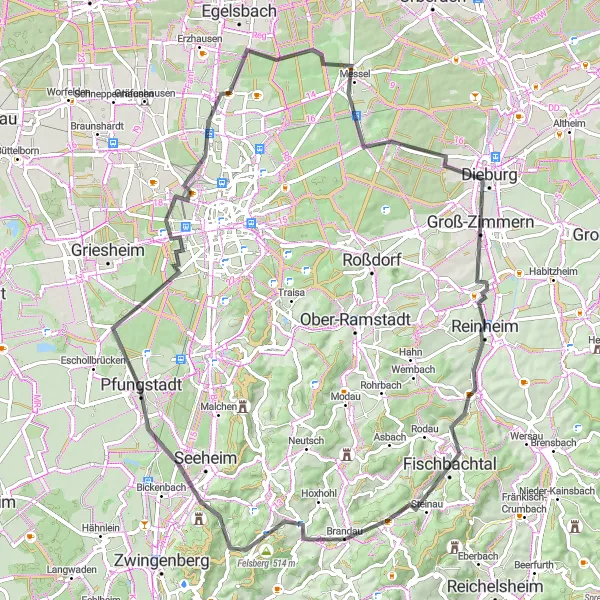 Map miniature of "Natural Wonders" cycling inspiration in Darmstadt, Germany. Generated by Tarmacs.app cycling route planner