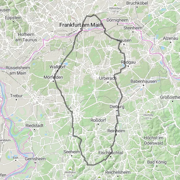 Map miniature of "Panoramic Views" cycling inspiration in Darmstadt, Germany. Generated by Tarmacs.app cycling route planner