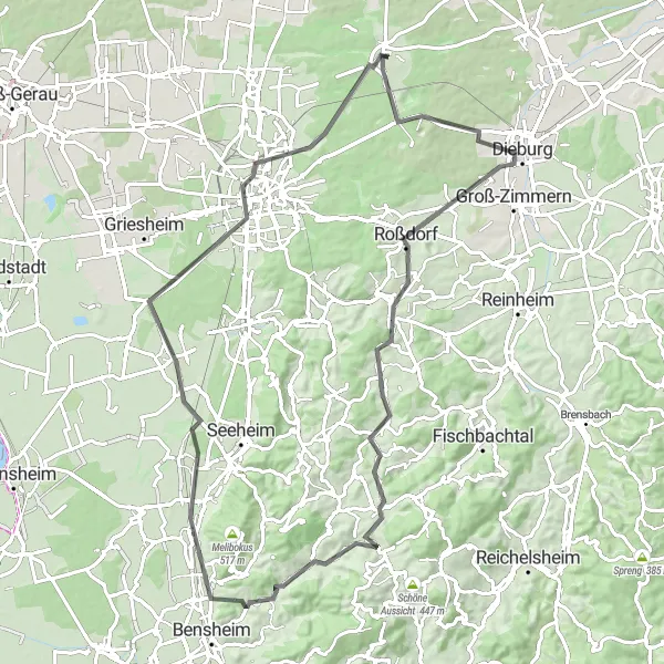 Map miniature of "Road Route to Ober-Ramstadt and Darmstadt" cycling inspiration in Darmstadt, Germany. Generated by Tarmacs.app cycling route planner