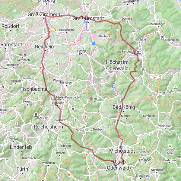 Karten-Miniaturansicht der Radinspiration "Groß-Bieberau - Ein Abenteuer im Odenwald" in Darmstadt, Germany. Erstellt vom Tarmacs.app-Routenplaner für Radtouren