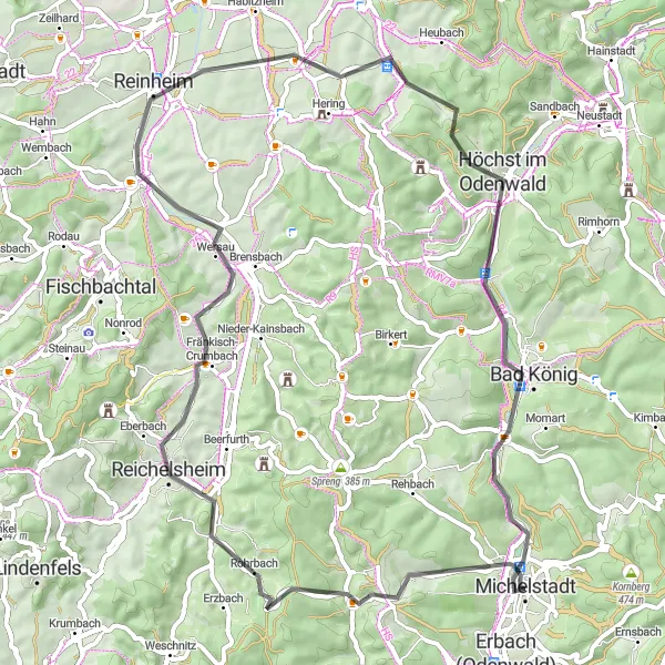 Map miniature of "Odenwald Road Adventure" cycling inspiration in Darmstadt, Germany. Generated by Tarmacs.app cycling route planner