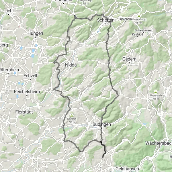 Karten-Miniaturansicht der Radinspiration "Road-Tour von Mittel-Gründau nach Büdingen" in Darmstadt, Germany. Erstellt vom Tarmacs.app-Routenplaner für Radtouren